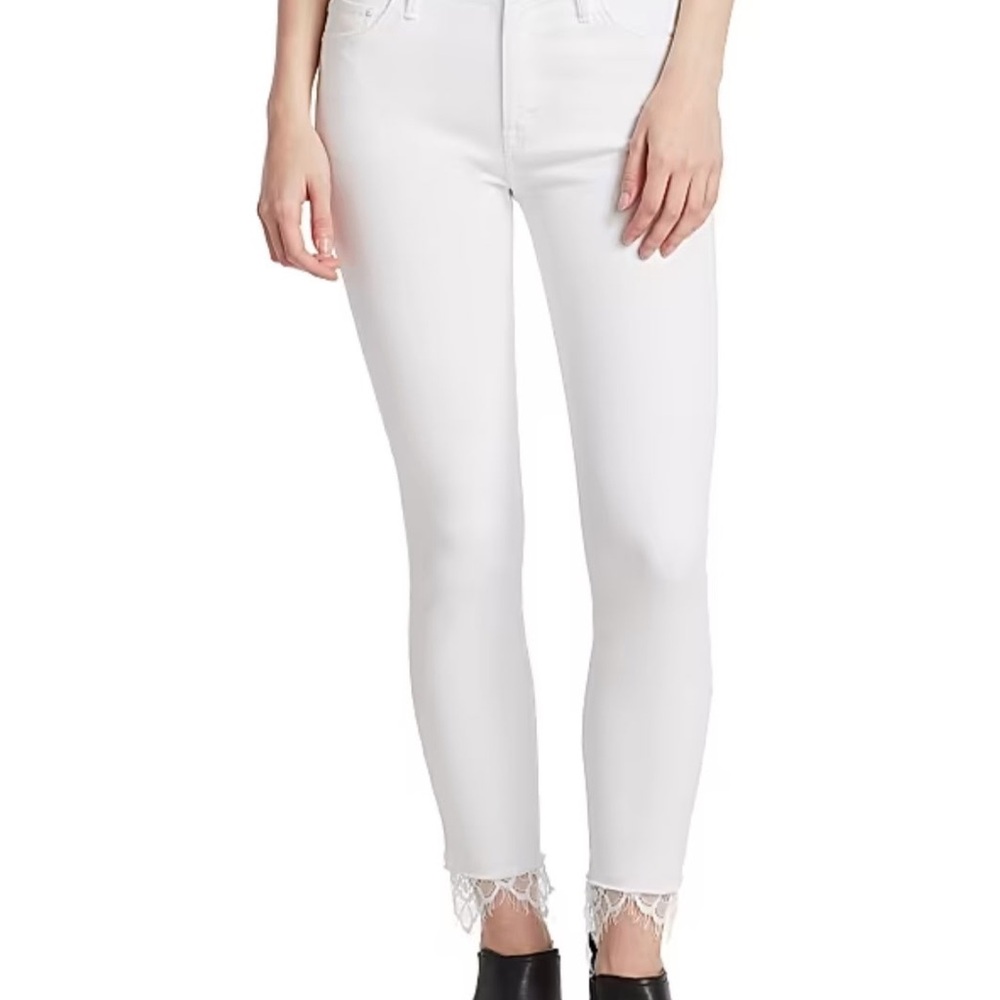 MOTHER Ankle Cropped High waisted White Jeans with Lace Trim